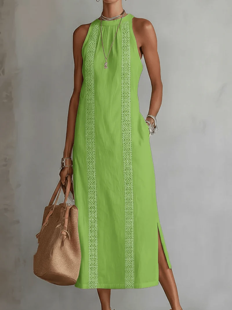 Robe Midi Femme Col Mandarin en Lin et Coton