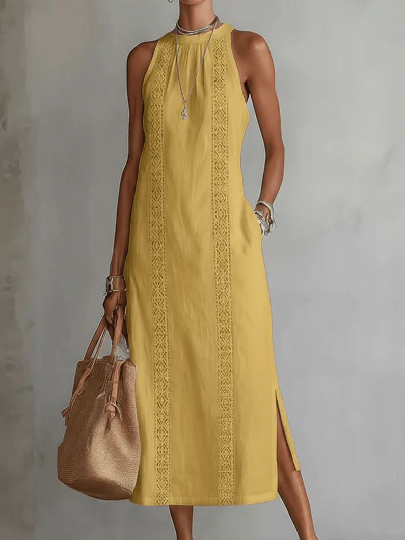 Robe Midi Femme Col Mandarin en Lin et Coton