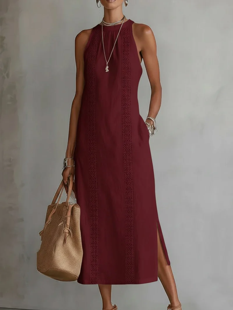 Robe Midi Femme Col Mandarin en Lin et Coton