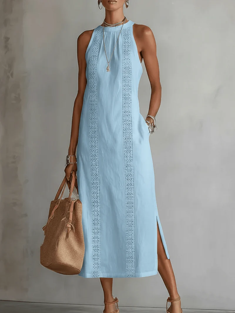 Robe Midi Femme Col Mandarin en Lin et Coton