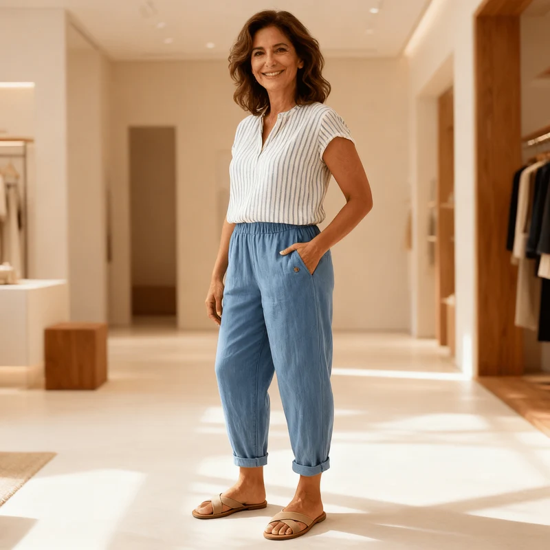 Pantalon Large Taille Haute en Coton et Lin pour Femmes