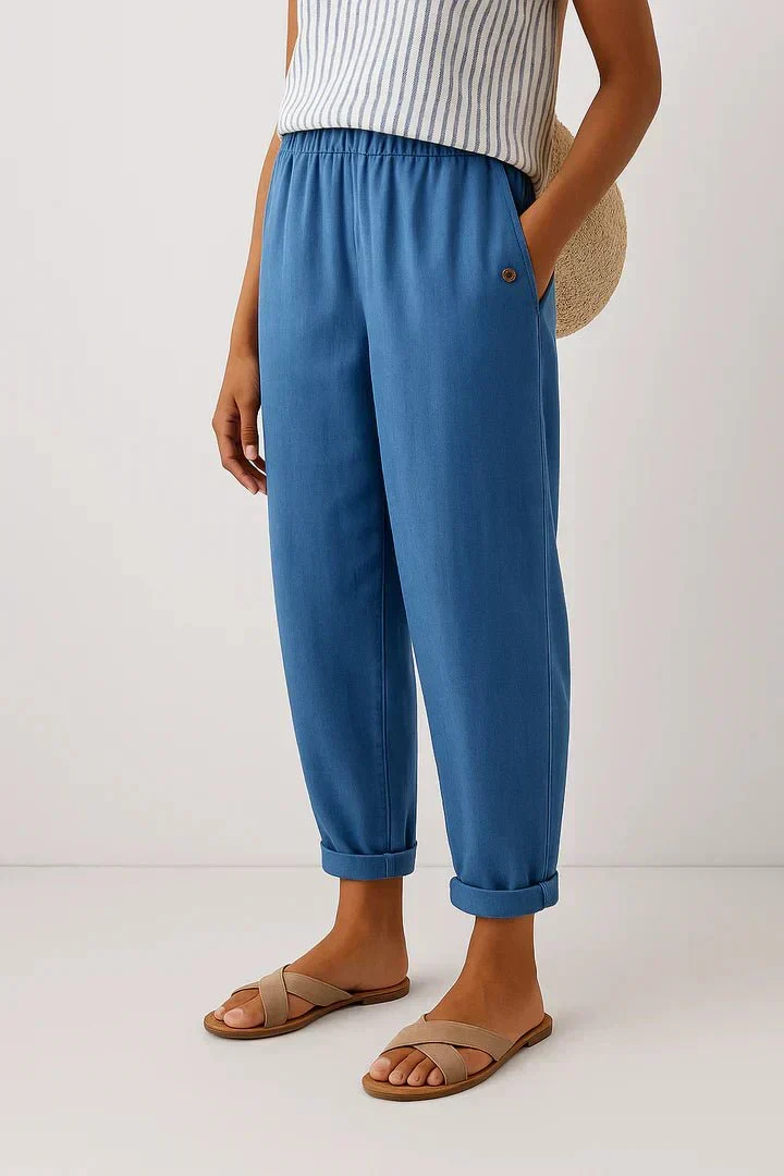 Pantalon Large Taille Haute en Coton et Lin pour Femmes