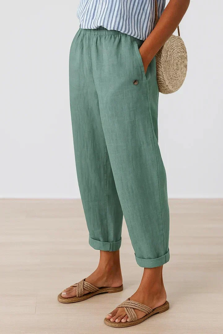 Pantalon Large Taille Haute en Coton et Lin pour Femmes
