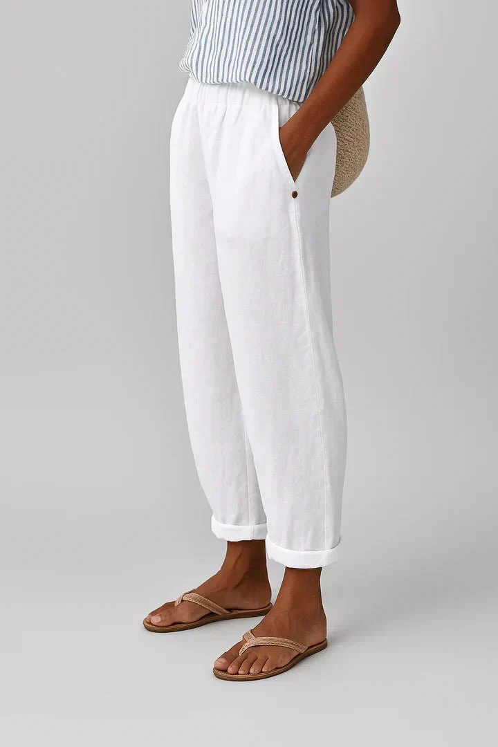 Pantalon Large Taille Haute en Coton et Lin pour Femmes