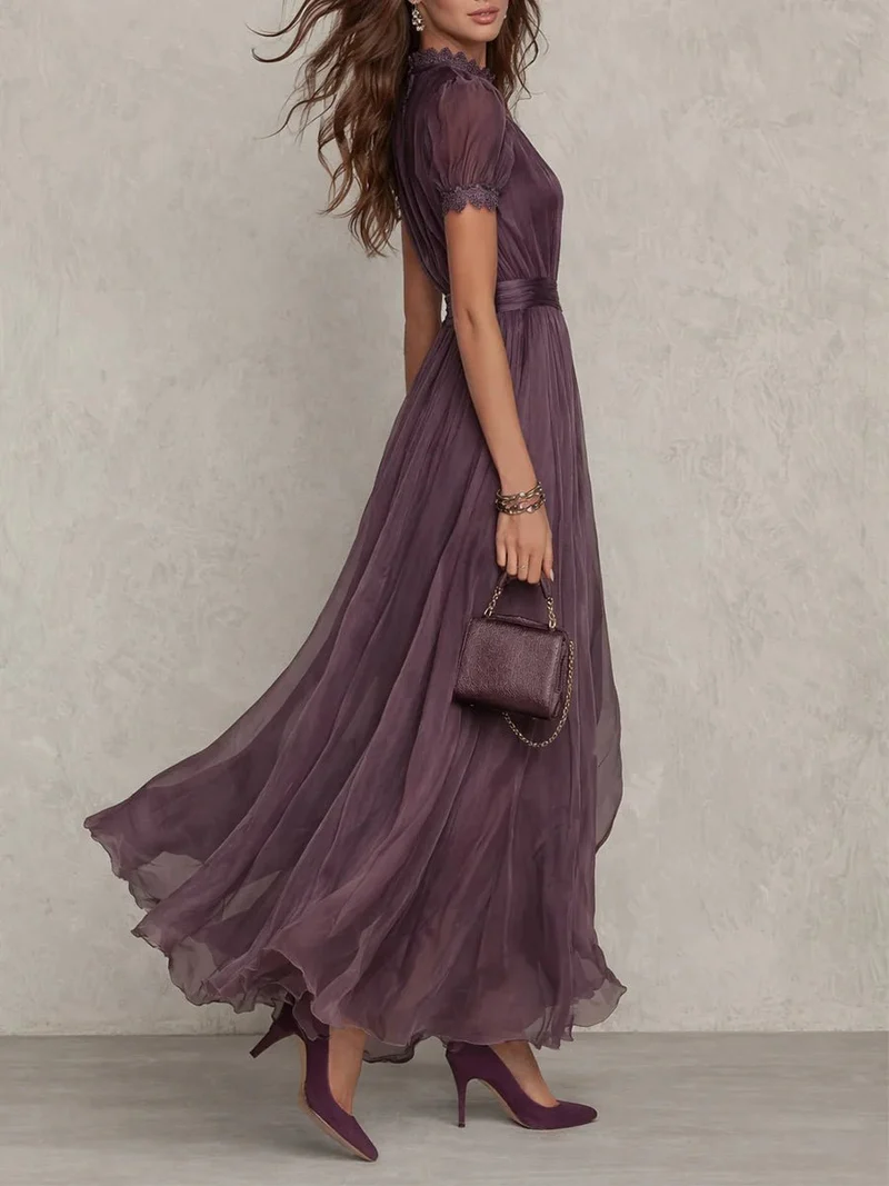 Robe Longue avec Encolure Goutte et Bordure en Dentelle pour Femmes