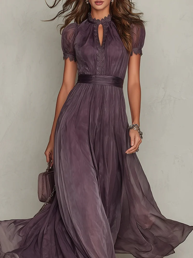 Robe Longue avec Encolure Goutte et Bordure en Dentelle pour Femmes