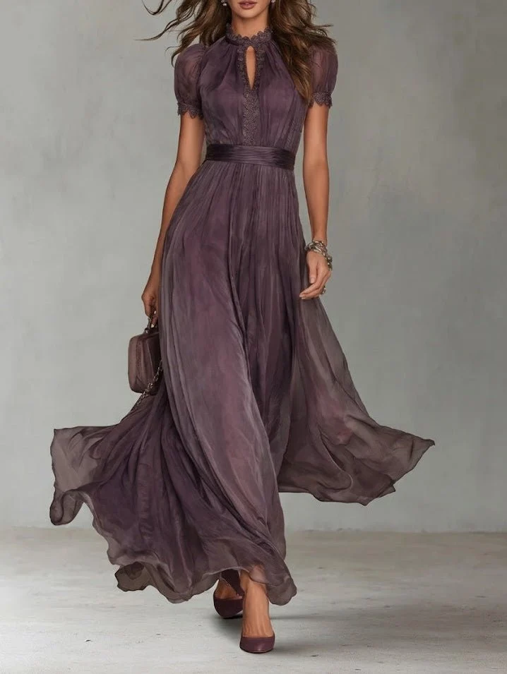 Robe Longue avec Encolure Goutte et Bordure en Dentelle pour Femmes