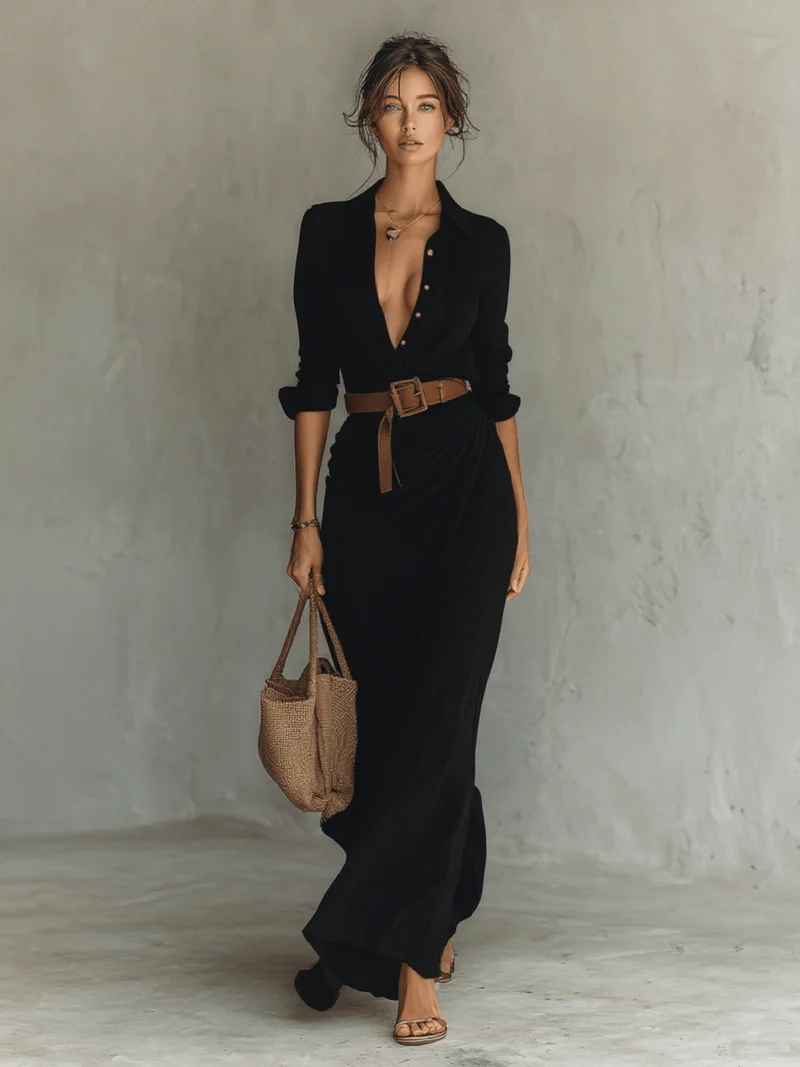 Robe Longue Asymétrique à Ceinture pour Femmes