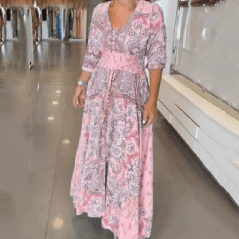 Robe Longue Imprimée à Cordon pour Femmes
