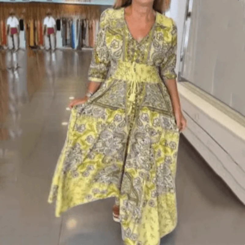 Robe Longue Imprimée à Cordon pour Femmes