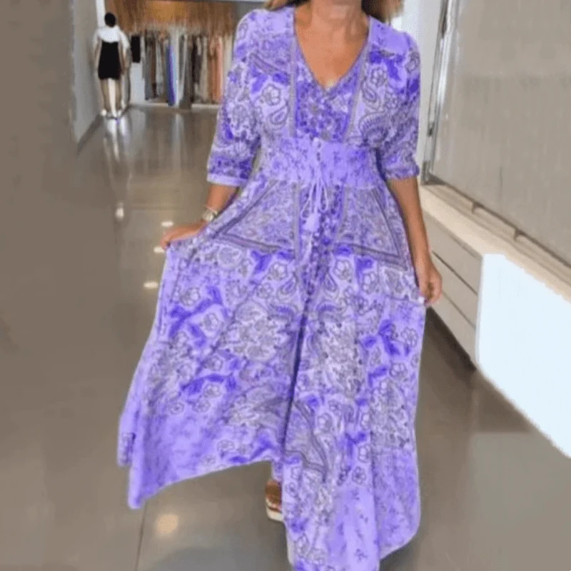 Robe Longue Imprimée à Cordon pour Femmes