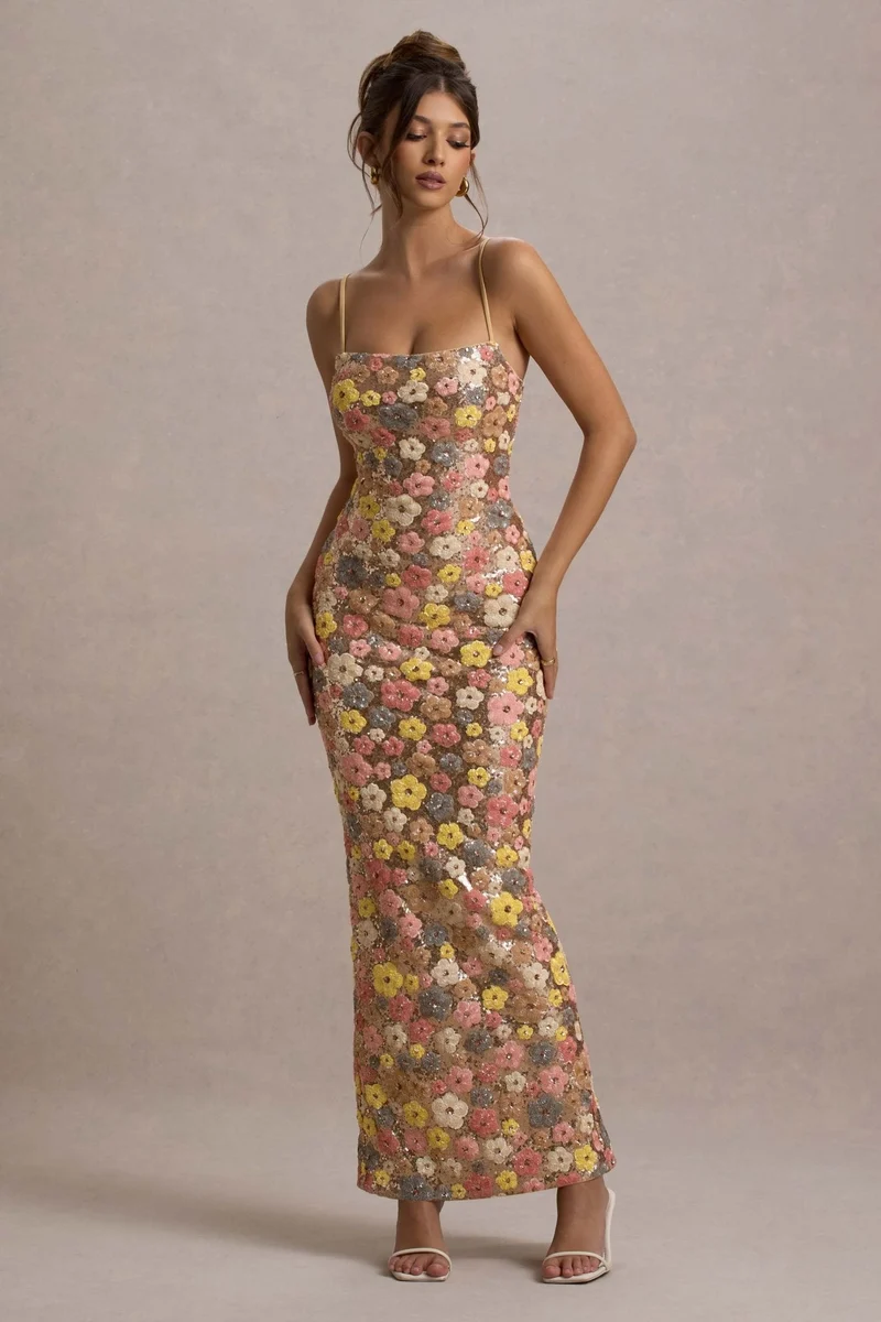 Robe Longue à Bretelles en Sequins pour Femmes