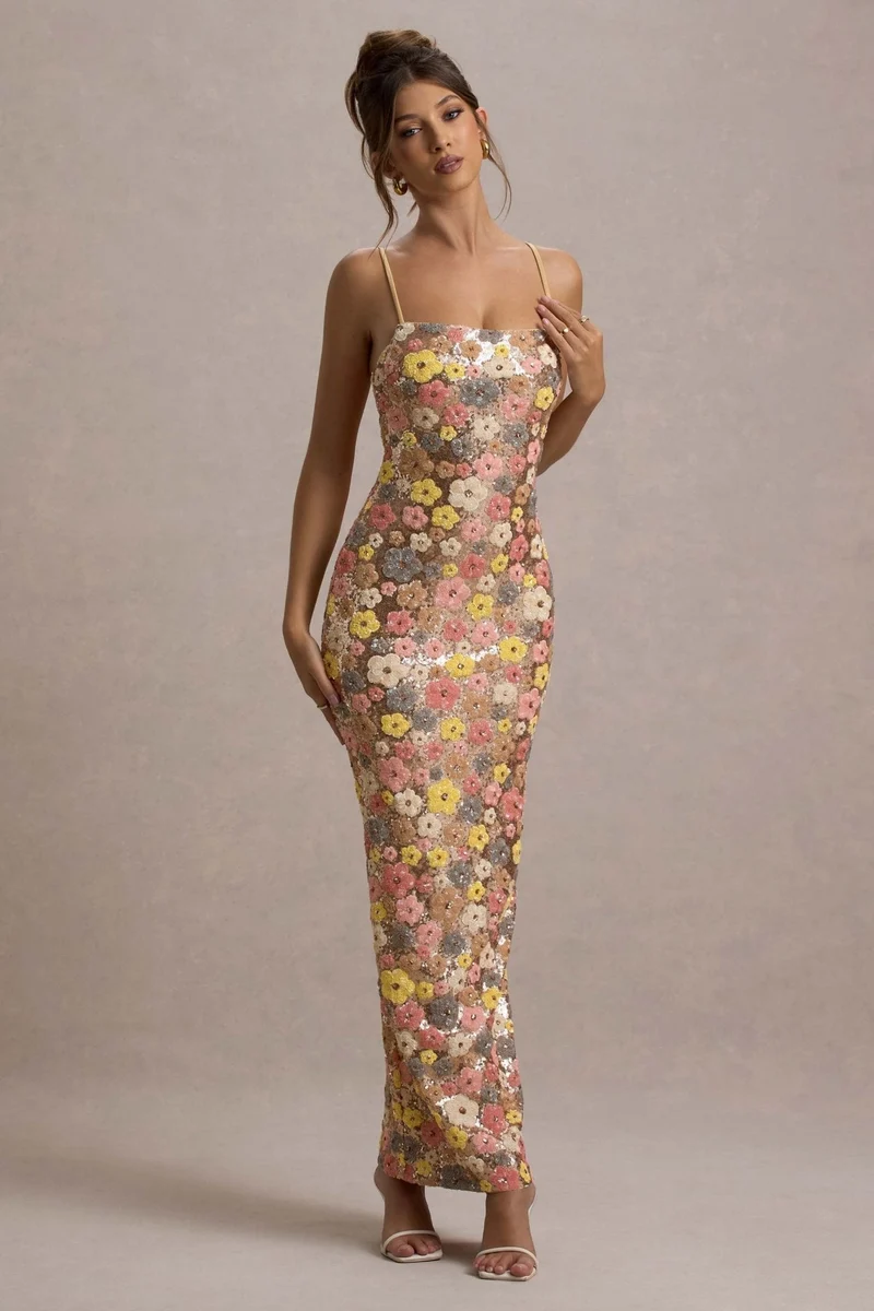 Robe Longue à Bretelles en Sequins pour Femmes
