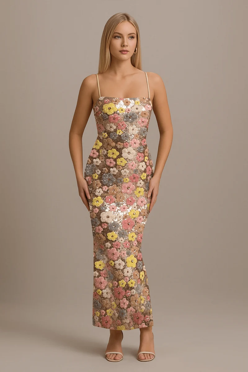Robe Longue à Bretelles en Sequins pour Femmes