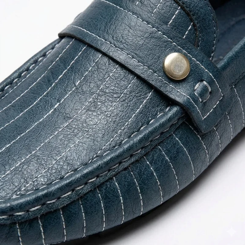 Mocassins en Cuir Véritable pour Hommes à Rayures et Bouton Décoratif à Enfiler