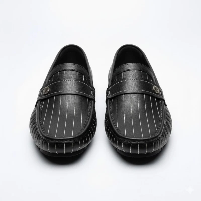 Mocassins en Cuir Véritable pour Hommes à Rayures et Bouton Décoratif à Enfiler