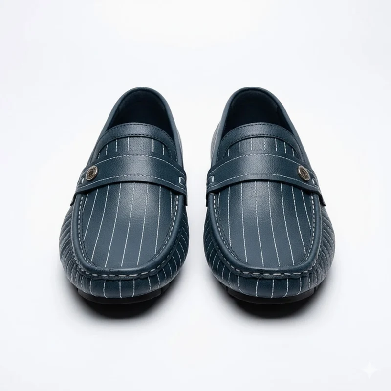 Mocassins en Cuir Véritable pour Hommes à Rayures et Bouton Décoratif à Enfiler