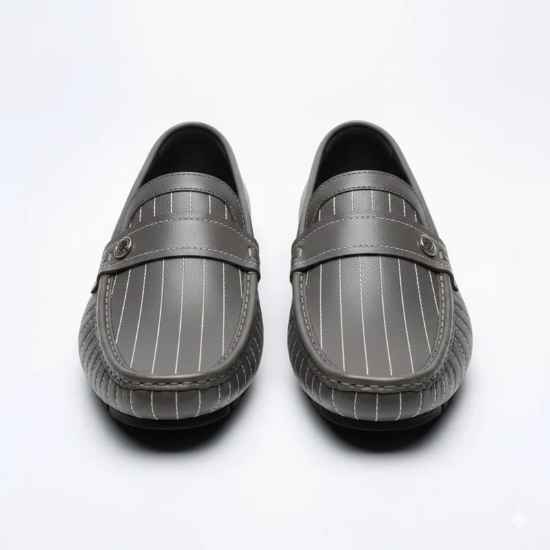 Mocassins en Cuir Véritable pour Hommes à Rayures et Bouton Décoratif à Enfiler