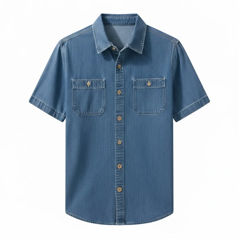 Chemise en jean à manches courtes pour homme 100% coton avec poches poitrine