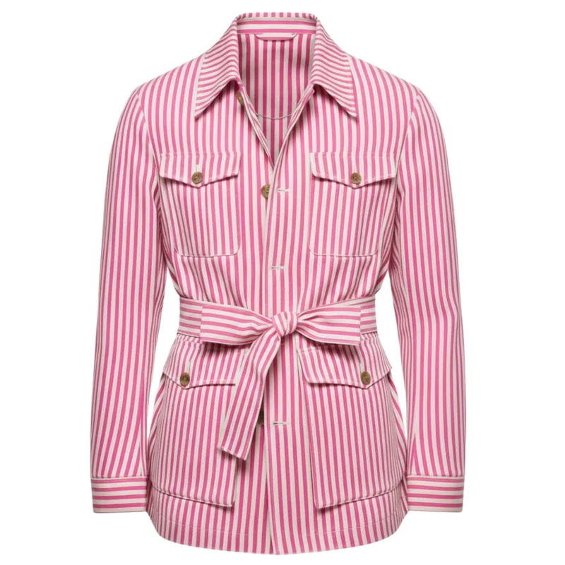 Veste saharienne à rayures pour homme avec ceinture et quatre poches plaquées