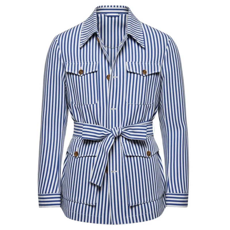 Veste saharienne à rayures pour homme avec ceinture et quatre poches plaquées
