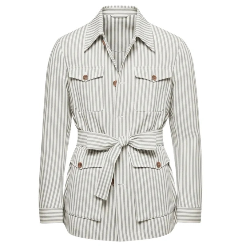 Veste saharienne à rayures pour homme avec ceinture et quatre poches plaquées