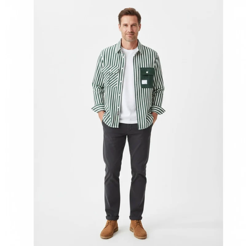 Chemise à rayures pour homme avec poches asymétriques et manches longues