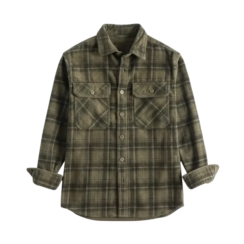 Chemise en velours côtelé à carreaux pour homme avec poches poitrine et boutons