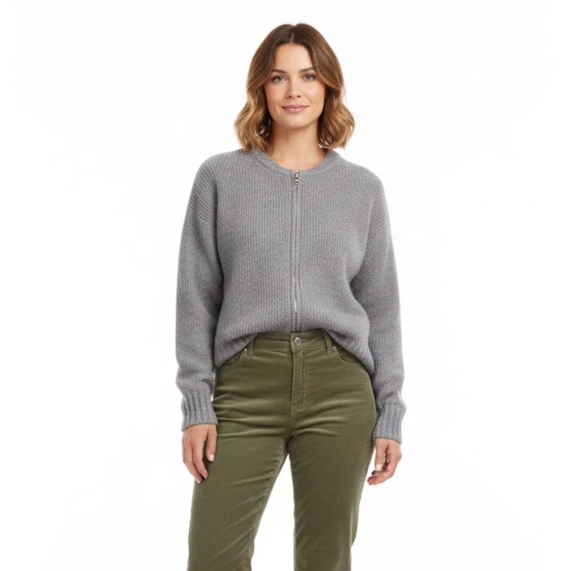 Veste pull en maille zippée pour femme col rond style vintage décontracté