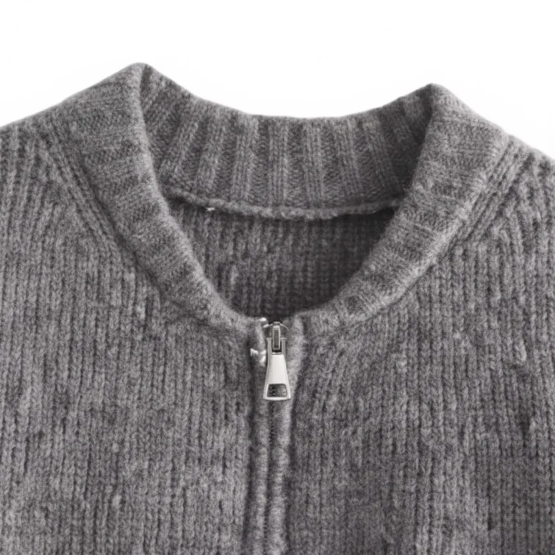 Veste pull en maille zippée pour femme col rond style vintage décontracté
