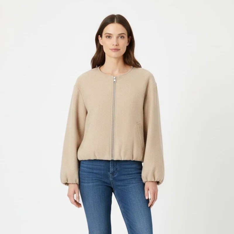 Veste bomber courte pour femme avec fermeture éclair et col rond décontractée