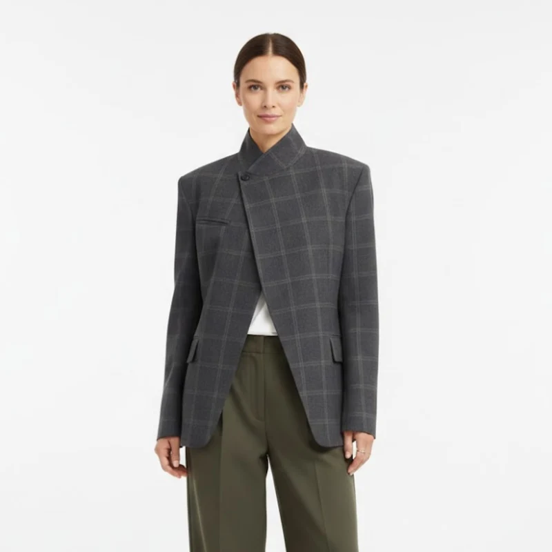 Veste courte à motif écossais pour femme avec col montant et manches fendues