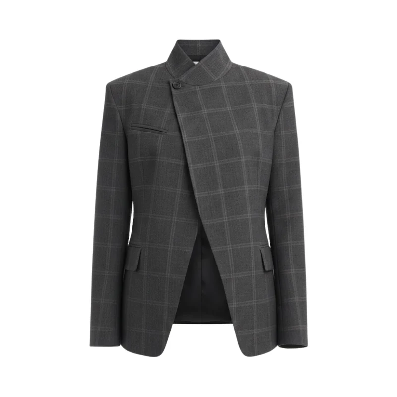 Veste courte à motif écossais pour femme avec col montant et manches fendues
