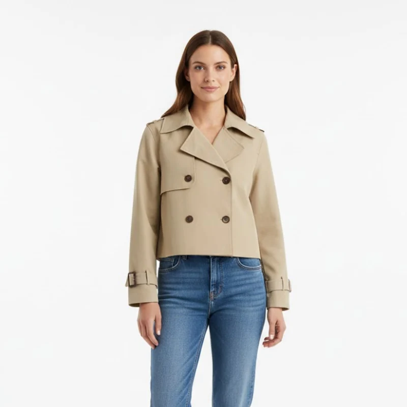 Trench-coat court pour femme à double boutonnage style vintage et chic
