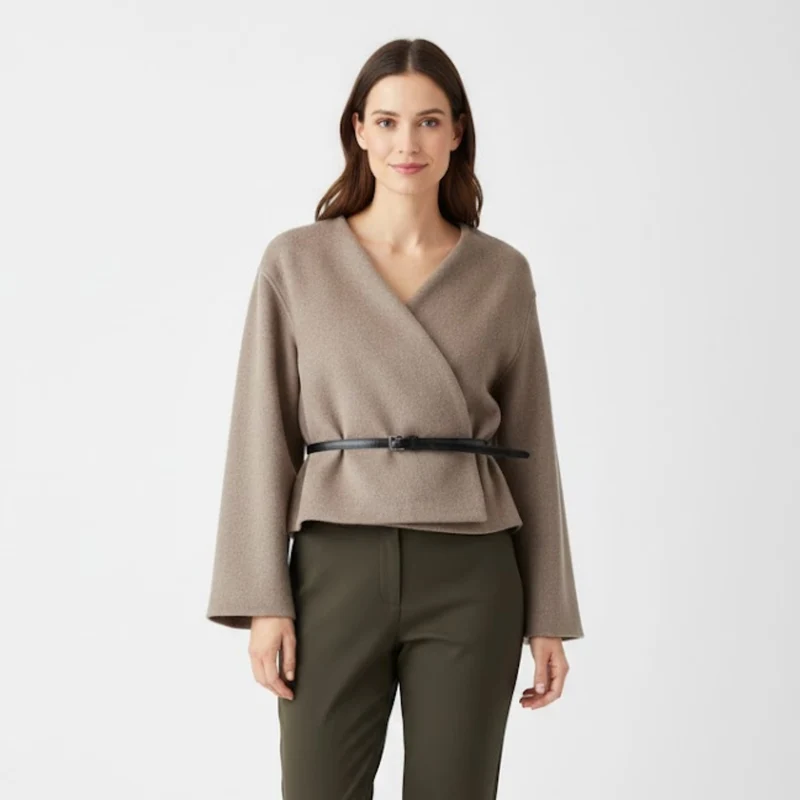Manteau court pour femme avec ceinture et col en V croisé veste décontractée