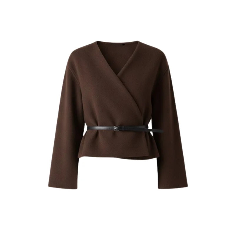 Manteau court pour femme avec ceinture et col en V croisé veste décontractée