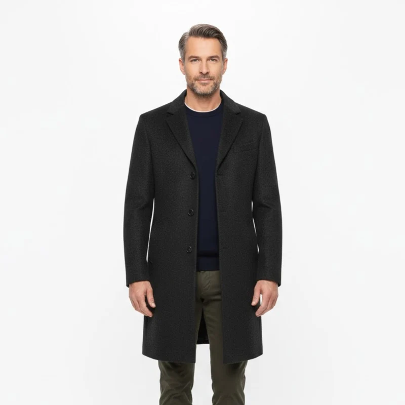 Manteau long homme col rabattu bouton unique coupe moderne ajustée