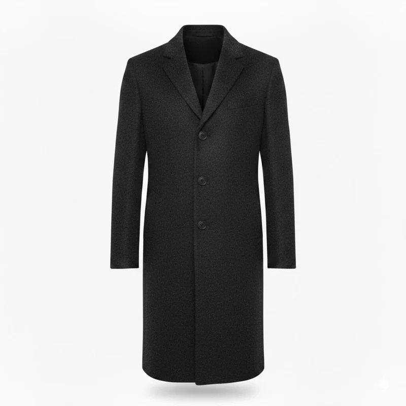 Manteau long homme col rabattu bouton unique coupe moderne ajustée