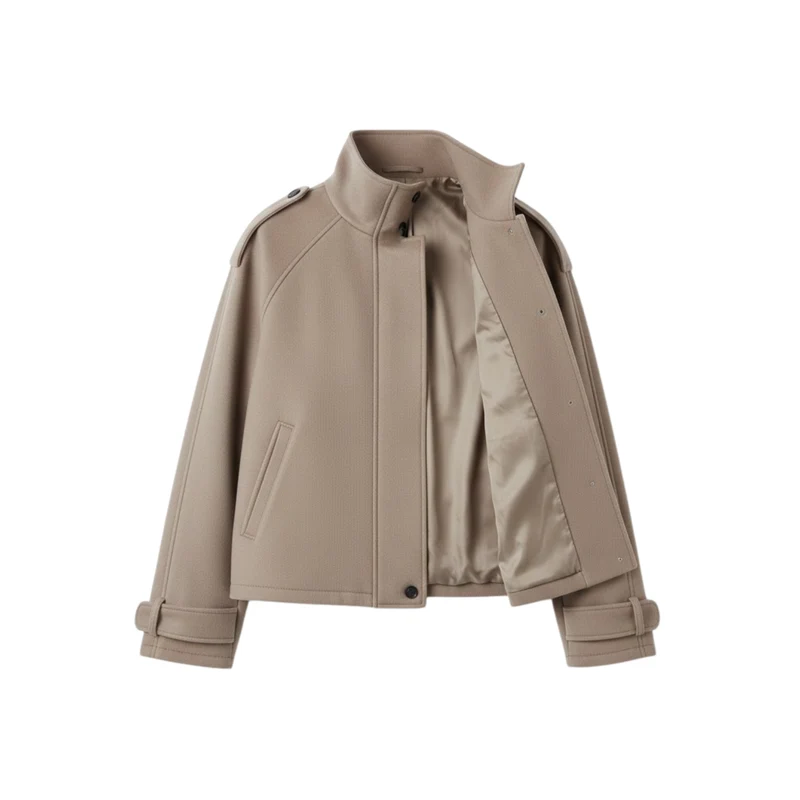 Blouson court en laine pour femme avec col montant et boutons contrastés
