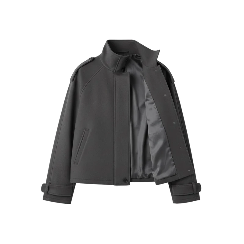 Blouson court en laine pour femme avec col montant et boutons contrastés
