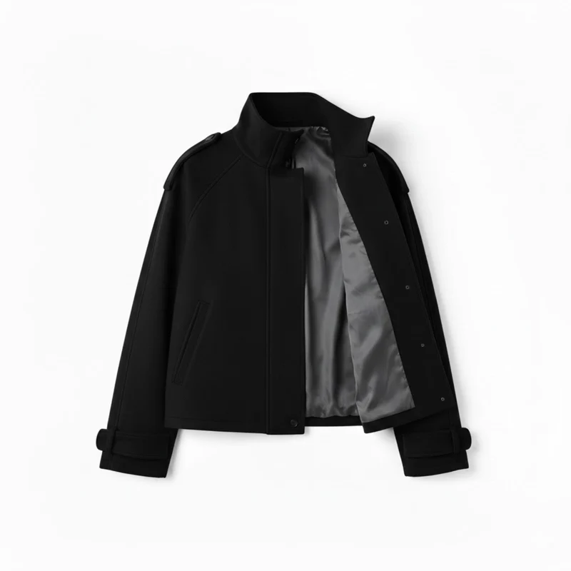 Blouson court en laine pour femme avec col montant et boutons contrastés