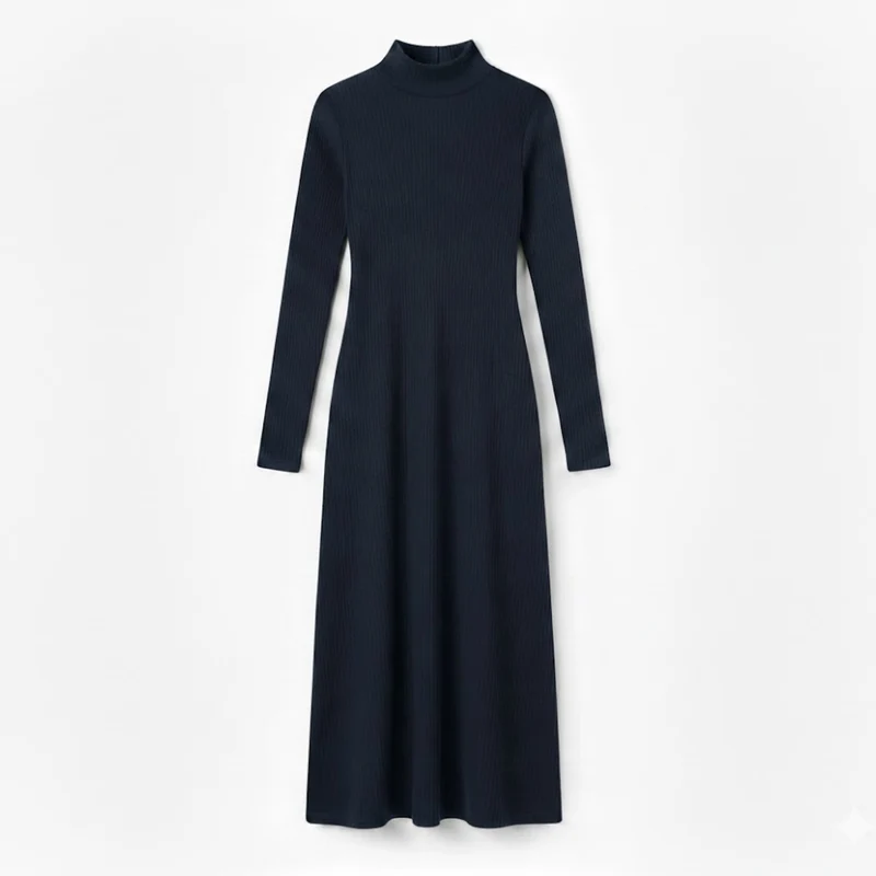 Robe longue ajustée à manches longues et col roulé montant