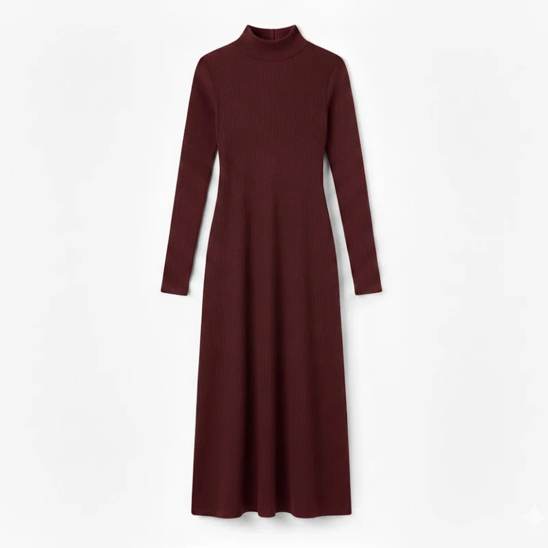 Robe longue ajustée à manches longues et col roulé montant