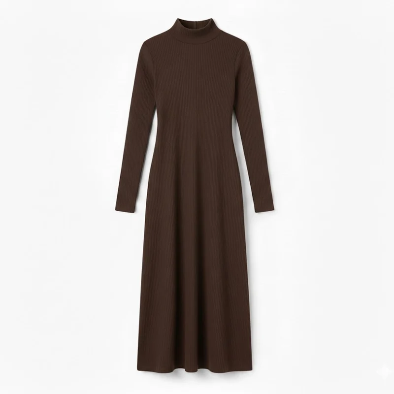 Robe longue ajustée à manches longues et col roulé montant
