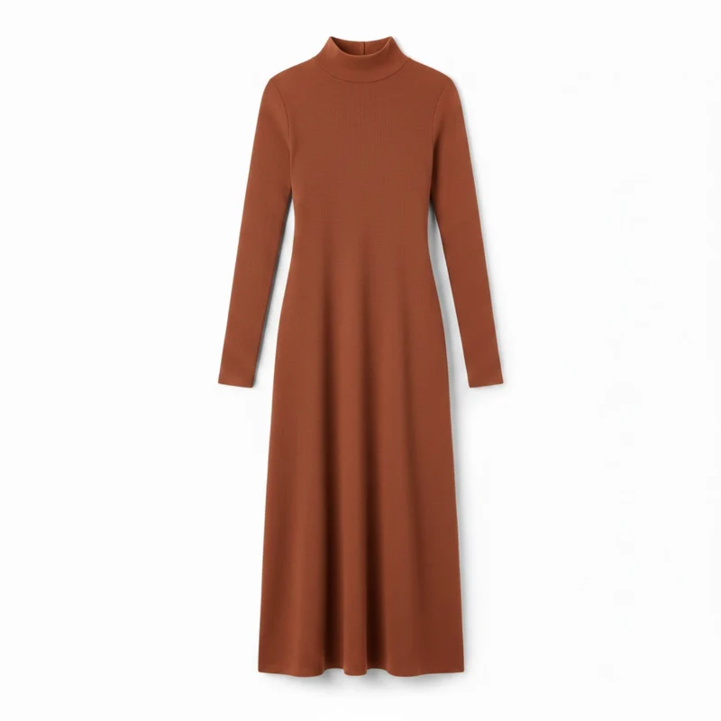Robe longue ajustée à manches longues et col roulé montant