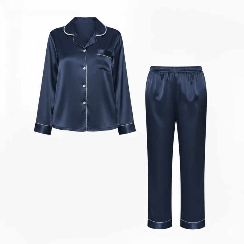 Ensemble pyjama en satin pour femme avec chemise à manches longues et pantalon