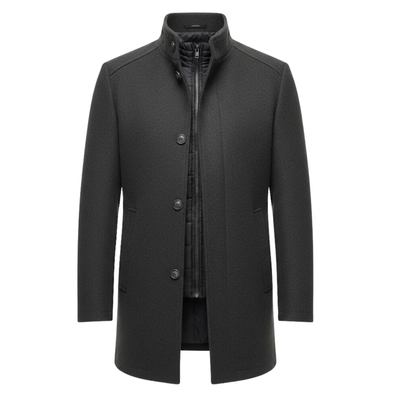 Manteau long en laine à col montant et double boutonnage