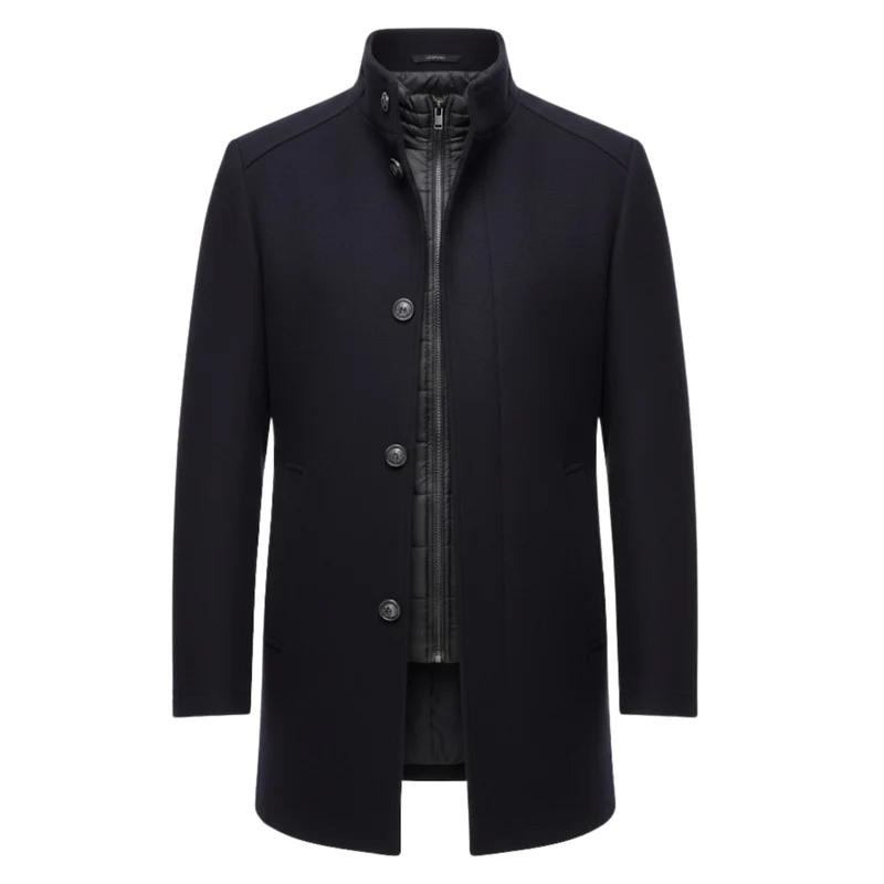 Manteau long en laine à col montant et double boutonnage