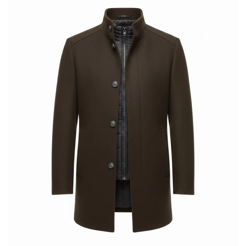 Manteau long en laine à col montant et double boutonnage