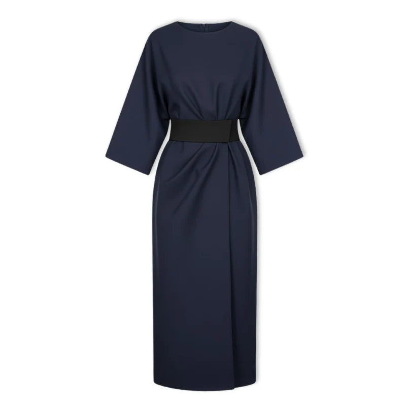 Robe longue femme à manches chauve-souris et taille marquée silhouette fluide